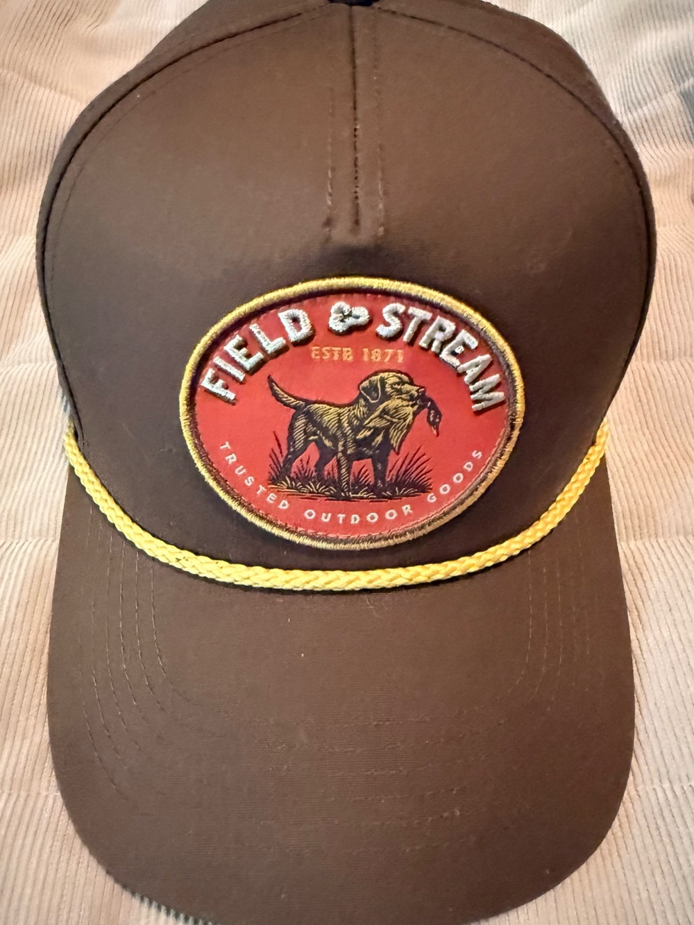 Field & Stream Brown Cap with Red Logo and Yellow Rope